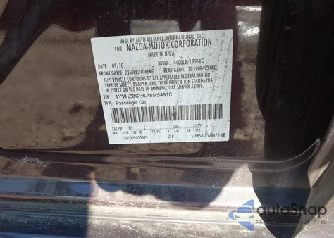 2010 Mazda Mazda6 I Grand Touring z USA, uszkodzony, nr VIN 1YVHZ8CH6A5M54910